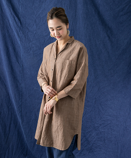 WORK NOT WORK URBAN RESEARCH（ワークノットワークアーバンリサーチ）の「WORK NOT WORK　コットンリネンシャンブレーシャツワンピース（シャツワンピース・レディース・ネイビー/ブラウン・MEDIUM）」の15枚目の写真