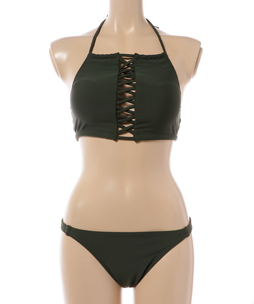 KOBE LETTUCE（コウベレタス）の「フロントレースアップハイネックデザインビキニ（水着・レディース・ブラック/カーキ/その他1/その他2/その他3・FREE）」の3枚目の写真