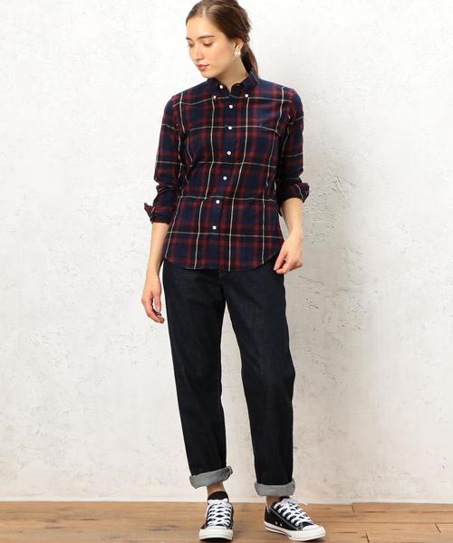 GYMPHLEX（ジムフレックス）の「[ジムフレックス]Gymphlex CB キモウチェック ボタンダウン シャツ ◆（シャツ/ブラウス・レディース・ブラウン/ネイビー・FREE）」の6枚目の写真