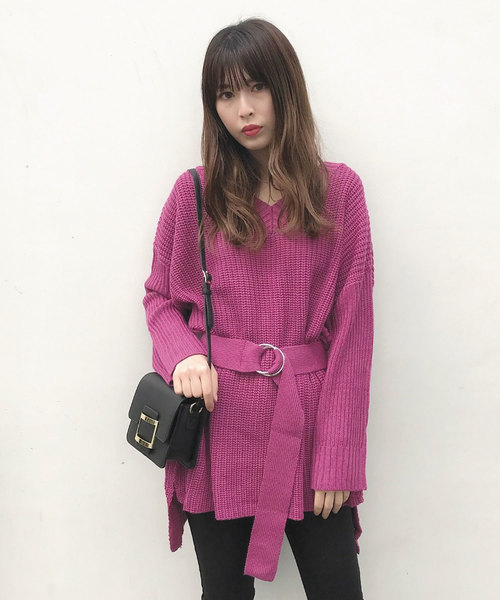 MURUA(ムルーア)の「ワイドVニットチュニック(ニット/セーター・レディース・ライトグレー/ピンク/その他1・FREE)」の1枚目の写真