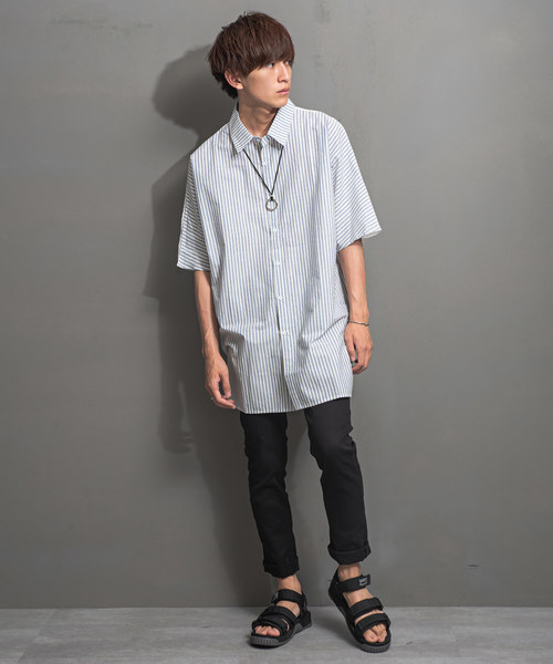 MinoriTY（マイノリティ）の「ストライプ×無地前後切り替え半袖シャツ ビッグシルエット（シャツ/ブラウス・メンズ・ホワイト系その他/ブラック系その他/ベージュ系その他・M/L）」の8枚目の写真