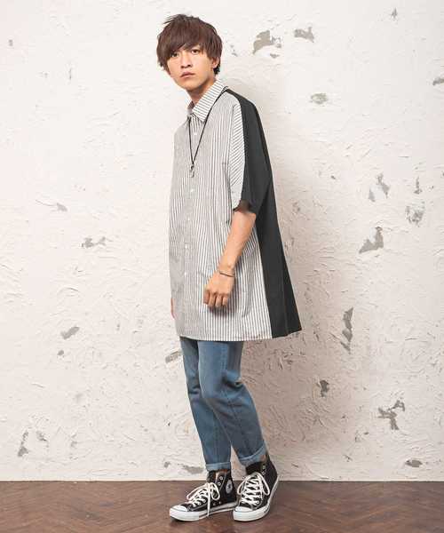 MinoriTY（マイノリティ）の「ストライプ×無地前後切り替え半袖シャツ ビッグシルエット（シャツ/ブラウス・メンズ・ホワイト系その他/ブラック系その他/ベージュ系その他・M/L）」の11枚目の写真