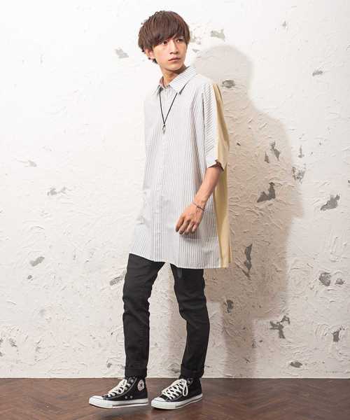 MinoriTY（マイノリティ）の「ストライプ×無地前後切り替え半袖シャツ ビッグシルエット（シャツ/ブラウス・メンズ・ホワイト系その他/ブラック系その他/ベージュ系その他・M/L）」の4枚目の写真