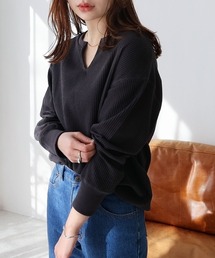 ワッフル長袖キーネックTシャツ トップス