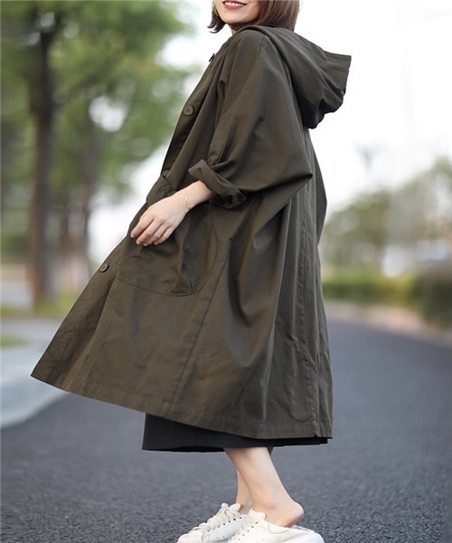 BEARDSLEY フード付きカーキトレンチコート BEARDSLEY フード付き