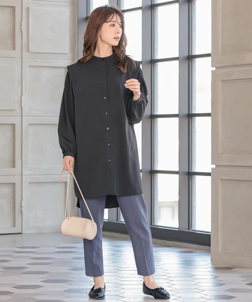 セール】バンドカラーショルダータックシャツチュニック（チュニック