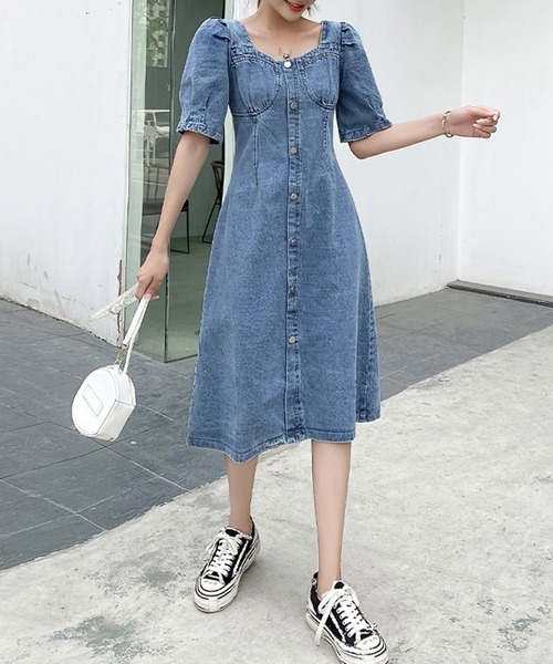 ワンピーススクエアネック半袖デニムワンピース ワンピース Primazel プリマゼル のファッション