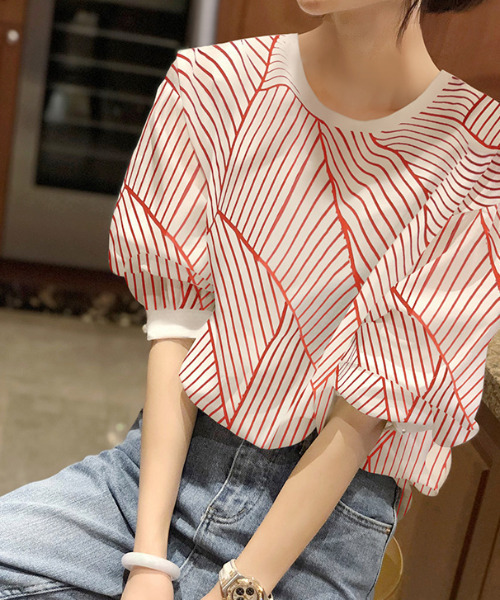 emi+（エミプラス）の「5分袖ストライプカットソー（Tシャツ/カットソー・レディース・ブラック/レッド/ブルー/モカ/グリーン/ネイビー・S/M/L）」の22枚目の写真