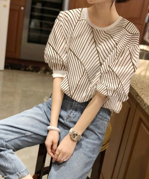 emi+（エミプラス）の「5分袖ストライプカットソー（Tシャツ/カットソー・レディース・ブラック/レッド/ブルー/モカ/グリーン/ネイビー・S/M/L）」の8枚目の写真