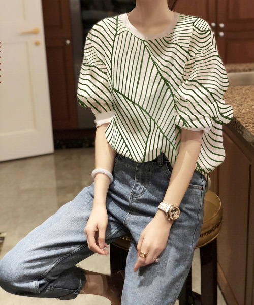 emi+（エミプラス）の「5分袖ストライプカットソー（Tシャツ/カットソー・レディース・ブラック/レッド/ブルー/モカ/グリーン/ネイビー・S/M/L）」の14枚目の写真