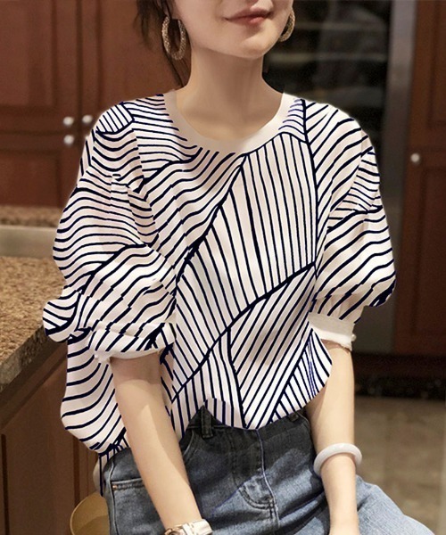 emi+（エミプラス）の「5分袖ストライプカットソー（Tシャツ/カットソー・レディース・ブラック/レッド/ブルー/モカ/グリーン/ネイビー・S/M/L）」の15枚目の写真