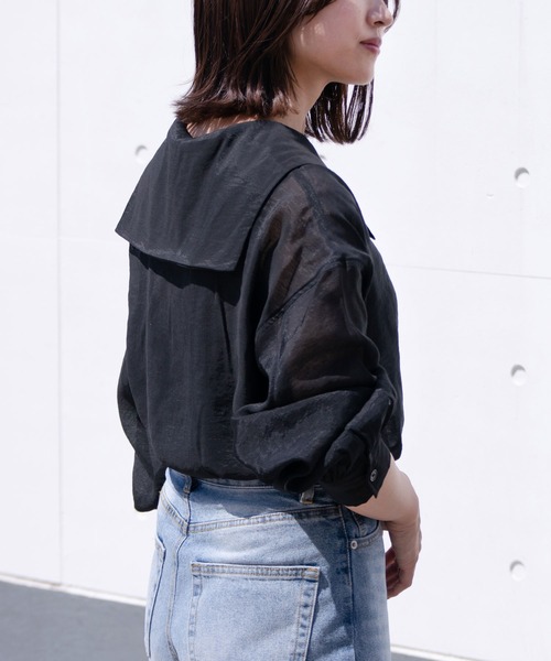 PairPair（ペアペア）の「セーラーカラーシアーシャツ（シャツ/ブラウス・レディース・ブラック/オフホワイト/ライトカーキ・FREE）」の3枚目の写真