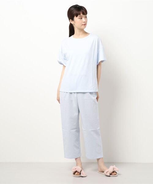 KID BLUE（キッドブルー）の「キッドブルー -SSサッカーストライプ＆天竺 -リラクシングウェア風パジャマ -KNQK391 -kidblue（ルームウェア/パジャマ・レディース・サックスブルー/ネイビー・M）」の2枚目の写真