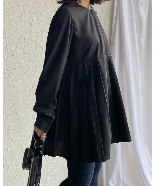 She's Closet（シーズクローゼット）の「タックプリーツAラインフレア長袖チュニックブラウス（チュニック・レディース・ホワイト/ブラック/ダークグリーン/ベージュ・FREE）」の7枚目の写真