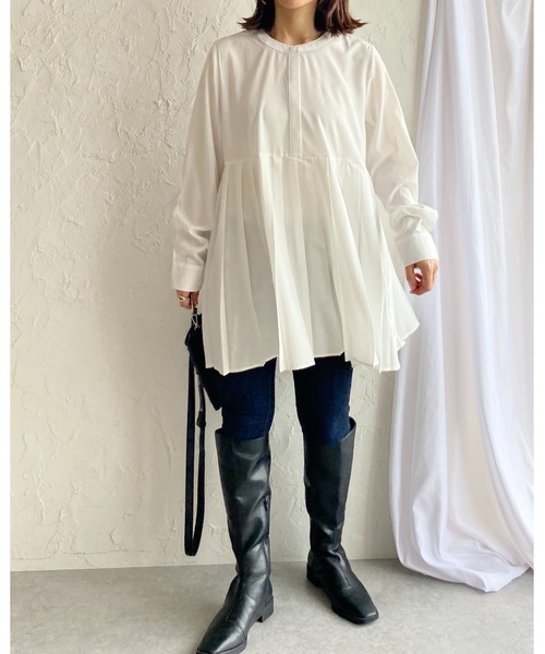 She's Closet（シーズクローゼット）の「タックプリーツAラインフレア長袖チュニックブラウス（チュニック・レディース・ホワイト/ブラック/ダークグリーン/ベージュ・FREE）」の21枚目の写真