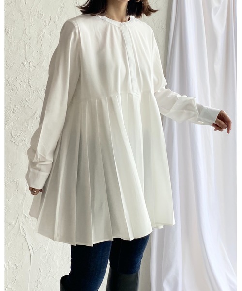 She's Closet（シーズクローゼット）の「タックプリーツAラインフレア長袖チュニックブラウス（チュニック・レディース・ホワイト/ブラック/ダークグリーン/ベージュ・FREE）」の22枚目の写真