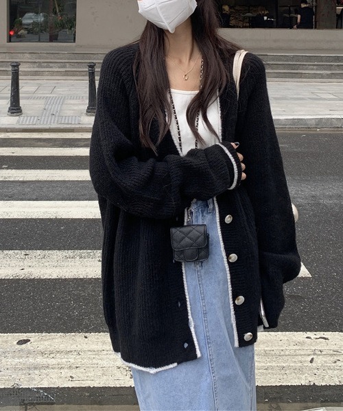 MAISON DE THERESE(メゾン ド テレーズ)の「配色パイピング ニットカーディガン(カーディガン/ボレロ・レディース・ライラック/ブラック/ベージュ・FREE)」の1枚目の写真
