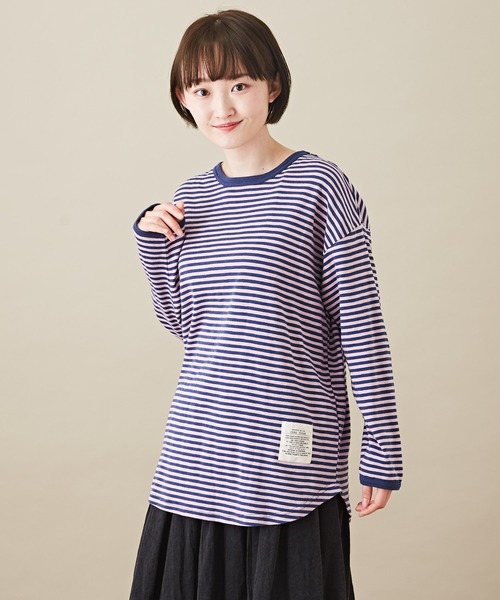 CUBE SUGAR（キューブシュガー）の「ショートスラブビッグクルーネックボーダーロンT（Tシャツ/カットソー・レディース・ブラック/トップグレー/ラベンダー/ペールイエロー/ピンク/マルチ・M）」の5枚目の写真