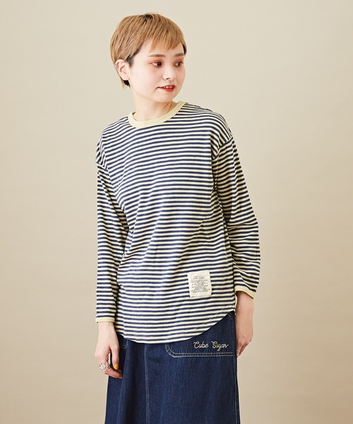 CUBE SUGAR（キューブシュガー）の「ショートスラブビッグクルーネックボーダーロンT（Tシャツ/カットソー・レディース・ブラック/トップグレー/ラベンダー/ペールイエロー/ピンク/マルチ・M）」の4枚目の写真
