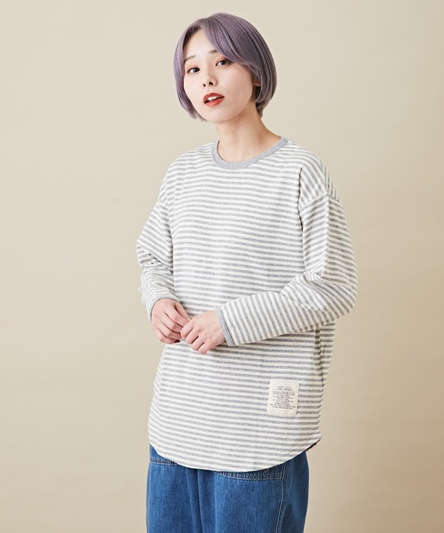 CUBE SUGAR（キューブシュガー）の「ショートスラブビッグクルーネックボーダーロンT（Tシャツ/カットソー・レディース・ブラック/トップグレー/ラベンダー/ペールイエロー/ピンク/マルチ・M）」の3枚目の写真