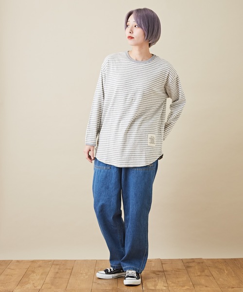 CUBE SUGAR（キューブシュガー）の「ショートスラブビッグクルーネックボーダーロンT（Tシャツ/カットソー・レディース・ブラック/トップグレー/ラベンダー/ペールイエロー/ピンク/マルチ・M）」の9枚目の写真