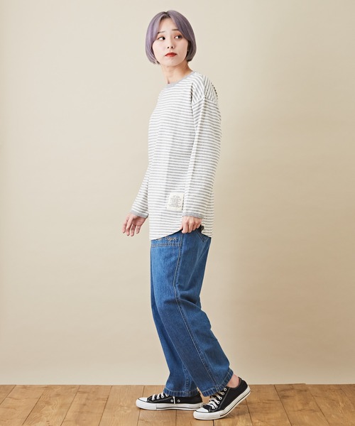 CUBE SUGAR（キューブシュガー）の「ショートスラブビッグクルーネックボーダーロンT（Tシャツ/カットソー・レディース・ブラック/トップグレー/ラベンダー/ペールイエロー/ピンク/マルチ・M）」の10枚目の写真