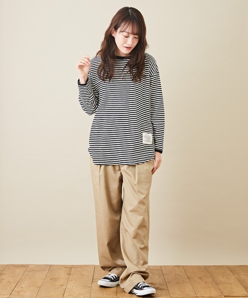 CUBE SUGAR（キューブシュガー）の「ショートスラブビッグクルーネックボーダーロンT（Tシャツ/カットソー・レディース・ブラック/トップグレー/ラベンダー/ペールイエロー/ピンク/マルチ・M）」の14枚目の写真