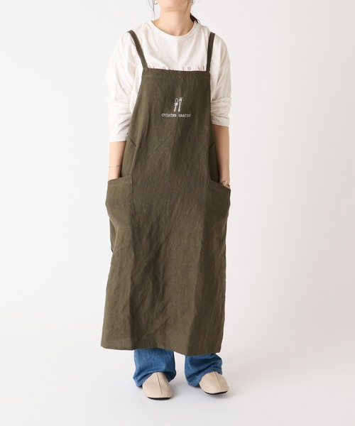 CUISINE HABITS（クイジーヌハビッツ）の「【CUiSiNE HABiTS】リネンロング エプロン（エプロン・レディース・グレー/レッド/カーキ・フリー）」の2枚目の写真