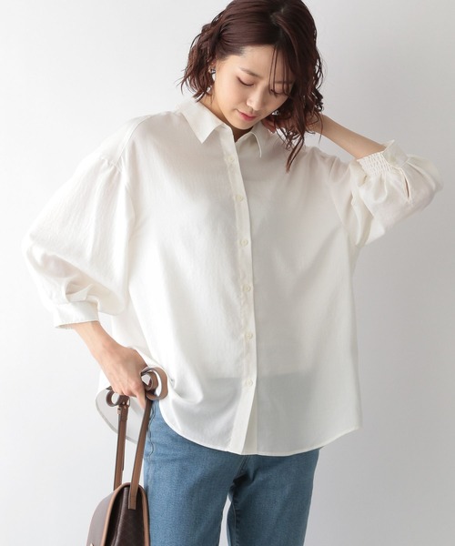 GLOBAL WORK(グローバルワーク)の「ランタンスリーブ7分袖シャツ/MATINEE LINE/267007(シャツ/ブラウス・レディース・ブラック/オフホワイト/ライトグリーン・MEDIUM/LARGE)」の1枚目の写真