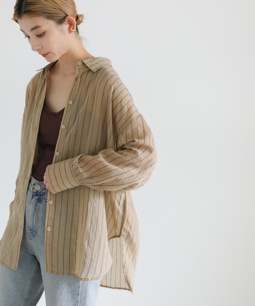 select MOCA（セレクトモカ）の「2022 AW シアーストライプビッグシャツ（シャツ/ブラウス・レディース・ブラウン/グリーン/アイボリー・FREE）」の9枚目の写真