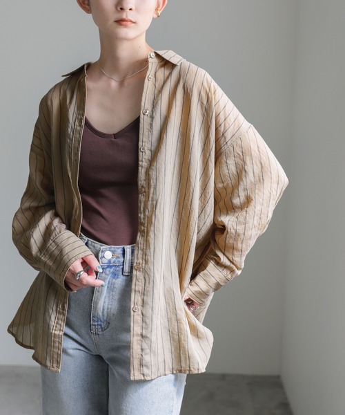 select MOCA（セレクトモカ）の「2022 AW シアーストライプビッグシャツ（シャツ/ブラウス・レディース・ブラウン/グリーン/アイボリー・FREE）」の7枚目の写真