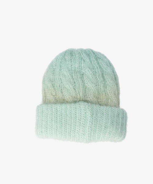 ☆ゆったり後ろに垂れるニット帽☆くすみミント×ピンクオレンジグラデ OVERRIDE（オーバーライド）の「OVERRIDE KNIT DREAMY CABLE WATCH