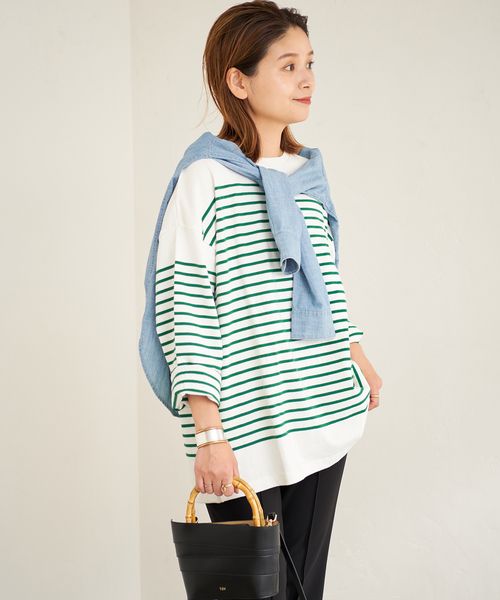 JOURNAL STANDARD（ジャーナルスタンダード）の「コットンボーダープルオーバー（Tシャツ/カットソー・レディース・ブラック/グレー/グリーン/ラベンダー・FREE）」の6枚目の写真