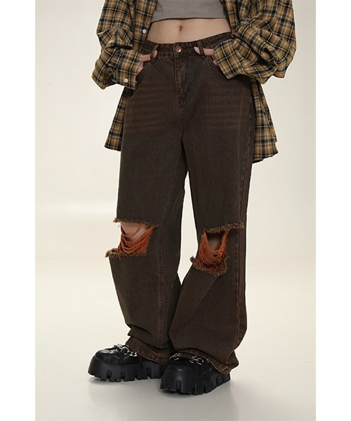 MASONPRINCE(メイソンプリンス)の「ダメージ&ウォッシュ加工ワイドデニムパンツ NZK6093【MASONPRINCE】(デニムパンツ・メンズ・ブルー/ブラウン/ライトブルー・L/XL/M/S)」の2枚目の写真