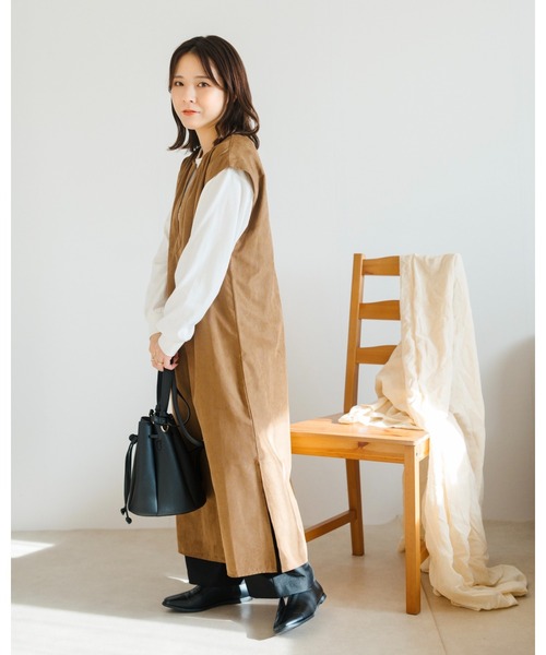 Amourire(アムリール)の「【yumiコラボ】シャツコールキーネックジャンスカ(ジャンパースカート・レディース・ブラウン/ダークグレー/ベージュ・M/L)」の10枚目の写真