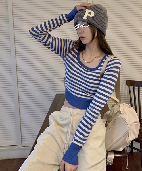 meJane(ミージェーン)の「クロップドVネックボーダーニットプルオーバー【ZOZOTOWN限定】(ニット/セーター・レディース・ブラック系/ブルー系・FREE)」の18枚目の写真