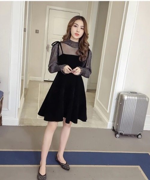 ルネ ベロア ワンピース ブラック系 シルク サテンリボン 36 ルネ ベロア ワンピース ブラック系 シルク サテンリボン 36