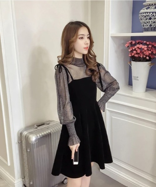 ルネ ベロア ワンピース ブラック系 シルク サテンリボン 36 Rene ルネ ベロア ワンピース ブラック系 36 M相当 シルク