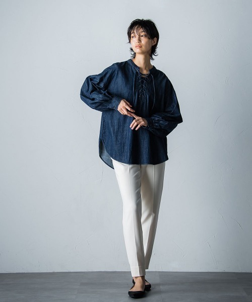 socolla（ソコラ）の「【socolla】デニムレースアップブラウス（シャツ/ブラウス・レディース・ブラック/ネイビー・M）」の6枚目の写真