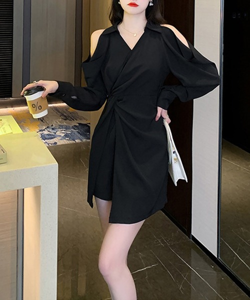 Jasmine Grandiflorum（ジャスミングランディフローラム）の「【Jasmine】オフショルカクシュールシャツワンピ（ワンピース・レディース・ブラック/ベージュ・SMALL/LARGE/MEDIUM）」の15枚目の写真