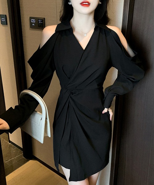 Jasmine Grandiflorum（ジャスミングランディフローラム）の「【Jasmine】オフショルカクシュールシャツワンピ（ワンピース・レディース・ブラック/ベージュ・SMALL/LARGE/MEDIUM）」の10枚目の写真