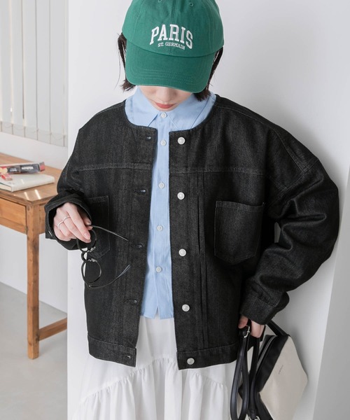 ノーカラーオーバーデニムジャケット/Gジャン（デニムジャケット