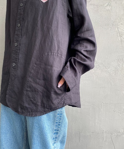 『DANTON』 バンドカラーシャツ　刺繍ロゴ　上品　リネン混合　ブラウン　L DANTON』 バンドカラーシャツ 刺繍ロゴ 上品 リネン混合