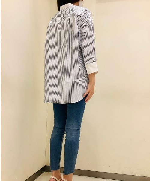 TOKYO SHIRTS（トウキョウシャツ）の「形態安定ノーアイロン スタンドカラー 七分袖ビジネスワイシャツ（ビジネスシャツ・レディース・ブルー・FREE）」の6枚目の写真