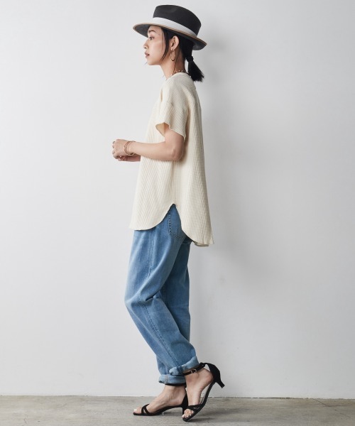 CHIC STYLE（シックスタイル）の「＜大きいサイズ＞綿100％ワッフルフレンチスリーブカットソープルオーバー シックスタイル（Tシャツ/カットソー・レディース・ネイビー/スミクロ/アイボリー・L/LL/3L/4L/5L）」の15枚目の写真