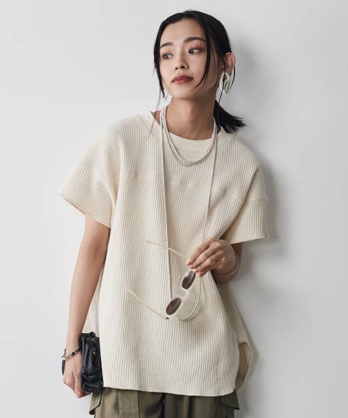 CHIC STYLE（シックスタイル）の「＜大きいサイズ＞綿100％ワッフルフレンチスリーブカットソープルオーバー シックスタイル（Tシャツ/カットソー・レディース・ネイビー/スミクロ/アイボリー・L/LL/3L/4L/5L）」の18枚目の写真