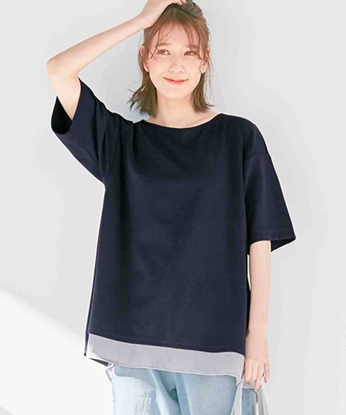 Viola e Viola(ヴィオラエヴィオラ)の「レイヤード風Tシャツブラウス(Tシャツ/カットソー・レディース・ピンク/ダークネイビー/ミント/グレイッシュブルー/サンドグレー/グリーン・LARGE/MEDIUM/X-LARGE/XX-LARGE)」の5枚目の写真