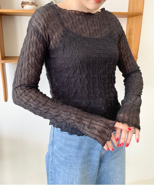 LOWRYS FARM（ローリーズファーム）の「ヘンケイシアークルーロングスリーブ　905188（Tシャツ/カットソー・レディース・ブラック/オフホワイト/イエロー/パープル・FREE）」の21枚目の写真