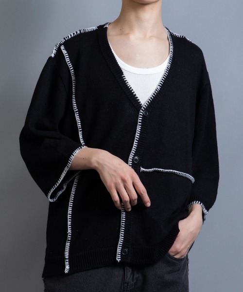 En serio TOKYO(エンソリオトーキョー)の「麻綿ニット ハンドステッチ 7分袖 サマーカーデ(カーディガン/ボレロ・メンズ・ブラック/ライトグレー/グレイッシュベージュ・M/XL/L)」の2枚目の写真
