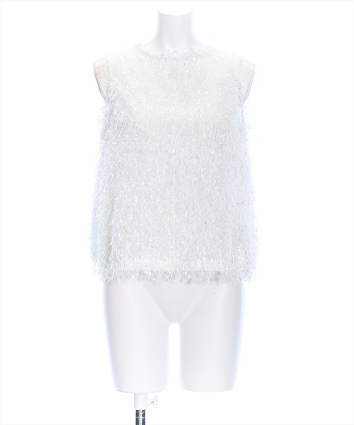 フリンジデザイン ホワイトノースリーブ Eclat one】フリンジ ジャガード カットソー ノースリーブ